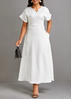 White Pocket Short Sleeve Split Neck Maxi Dress