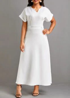 White Pocket Short Sleeve Split Neck Maxi Dress -Modlily Shop 334731 P 16855884497782