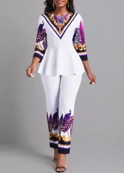 White Ruffle Leaf Print Top And Pants