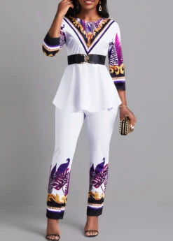 White Ruffle Leaf Print Top And Pants -Modlily Shop 334773 P 16861267079974