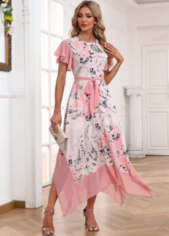 Light Pink Handkerchief Hem Paisley Print Belted Dress -Modlily Shop 334849 P 16879501623254
