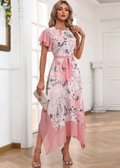 Light Pink Handkerchief Hem Paisley Print Belted Dress -Modlily Shop 334849 P 16879501624943