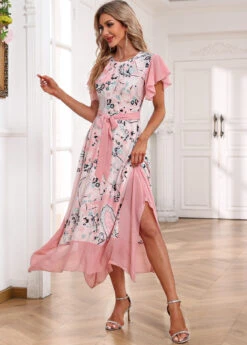 Light Pink Handkerchief Hem Paisley Print Belted Dress -Modlily Shop 334849 P 16879501627342