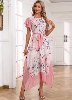 Light Pink Handkerchief Hem Paisley Print Belted Dress -Modlily Shop 334849 P 16879501628475