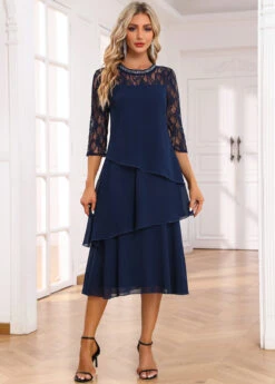 Navy Umbrella Hem Sequin A Line Dress