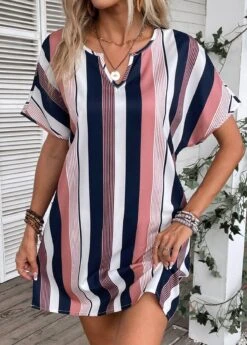 Multi Color Split Striped Short Shift Dress -Modlily Shop 334871 P 16871686683354