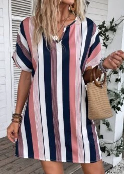 Multi Color Split Striped Short Shift Dress -Modlily Shop 334871 P 16871686683425