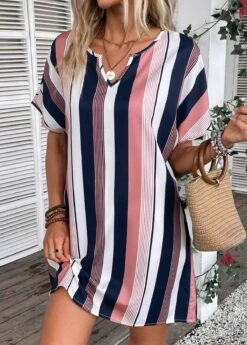 Multi Color Split Striped Short Shift Dress -Modlily Shop 334871 P 16871686686632