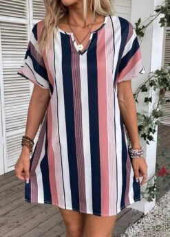 Multi Color Split Striped Short Shift Dress -Modlily Shop 334871 P 16871686687113