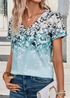 Light Blue Lightweight Polka Dot T Shirt -Modlily Shop 334873 P 16868943637495