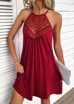 Wine Red Patchwork Short A Line Sleeveless Dress -Modlily Shop 334962 P 16871362870553