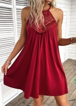 Wine Red Patchwork Short A Line Sleeveless Dress