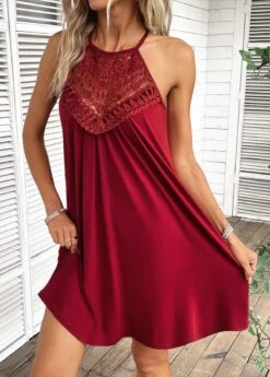 Wine Red Patchwork Short A Line Sleeveless Dress -Modlily Shop 334962 P 16871362879124