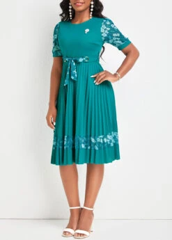 Turquoise Pleated Floral Print Belted Short Sleeve Dress -Modlily Shop 335041 P 16890734991622
