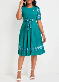 Turquoise Pleated Floral Print Belted Short Sleeve Dress -Modlily Shop 335041 P 16890734995604