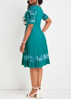 Turquoise Pleated Floral Print Belted Short Sleeve Dress -Modlily Shop 335041 P 16890734998875