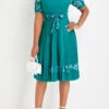Turquoise Pleated Floral Print Belted Short Sleeve Dress -Modlily Shop 335041 P 16890734998970