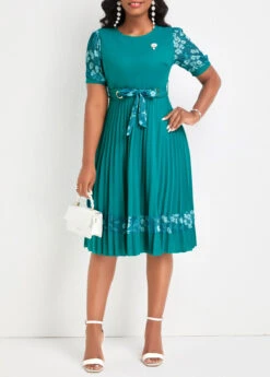 Turquoise Pleated Floral Print Belted Short Sleeve Dress