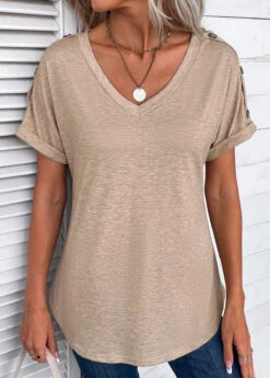 Light Camel Button Short Sleeve T Shirt -Modlily Shop 335047 P 16866391203120