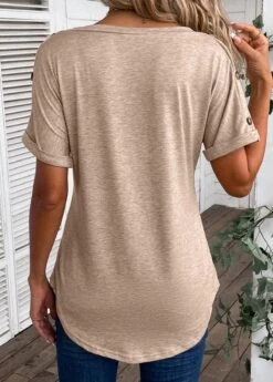 Light Camel Button Short Sleeve T Shirt -Modlily Shop 335047 P 16866391204531