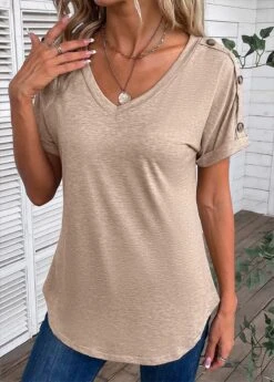 Light Camel Button Short Sleeve T Shirt -Modlily Shop 335047 P 16866391208773