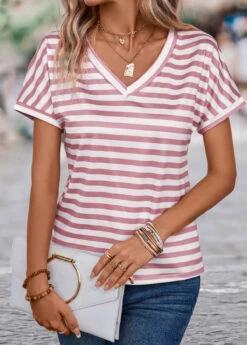 Pink Lightweight Striped Short Sleeve T Shirt -Modlily Shop 335053 P 16870646250243