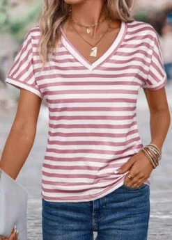 Pink Lightweight Striped Short Sleeve T Shirt