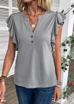 Grey Button Short Sleeve Split Neck T Shirt -Modlily Shop 335059 P 16871686268343