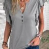 Grey Button Short Sleeve Split Neck T Shirt -Modlily Shop 335059 P 16871686269150