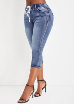 Denim Blue Pocket Skinny Drawastring Mid Waisted Jeans -Modlily Shop 335093 P 16861351410014