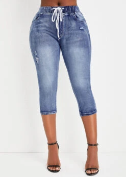 Denim Blue Pocket Skinny Drawastring Mid Waisted Jeans -Modlily Shop 335093 P 16861351410780