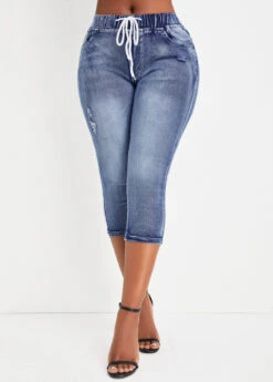 Denim Blue Pocket Skinny Drawastring Mid Waisted Jeans -Modlily Shop 335093 P 16861351412273