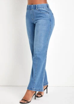 Denim Blue Pocket Flare Leg Elastic Waist Jeans -Modlily Shop 335094 P 16863144604402