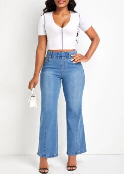 Denim Blue Pocket Flare Leg Elastic Waist Jeans -Modlily Shop 335094 P 16863144605673