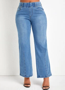 Denim Blue Pocket Flare Leg Elastic Waist Jeans