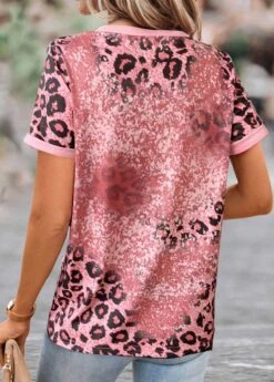 Pink Patchwork Leopard Short Sleeve T Shirt -Modlily Shop 335099 P 1685347048955