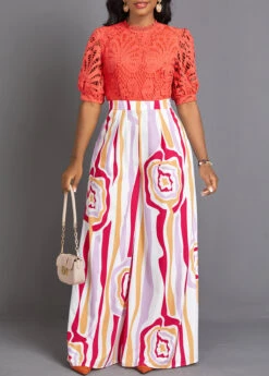 Orange Lace Tribal Print Long Half Sleeve Jumpsuit