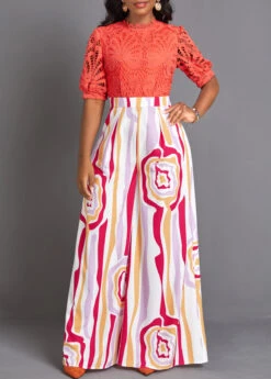 Orange Lace Tribal Print Long Half Sleeve Jumpsuit -Modlily Shop 335120 P 16890743708343