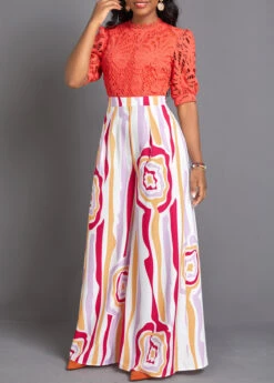 Orange Lace Tribal Print Long Half Sleeve Jumpsuit -Modlily Shop 335120 P 16890743708782