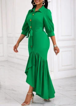 Green Button High Low Belted Mermaid Dress -Modlily Shop 335131 P 16940803771212