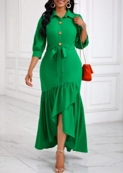 Green Button High Low Belted Mermaid Dress