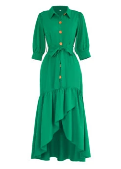 Green Button High Low Belted Mermaid Dress -Modlily Shop 335131 P 16940803774185