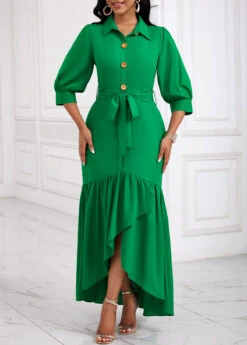Green Button High Low Belted Mermaid Dress -Modlily Shop 335131 P 16940803778964