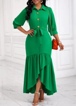 Green Button High Low Belted Mermaid Dress -Modlily Shop 335131 P 16940803779503