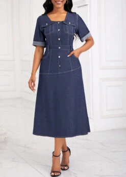 Denim Blue Pocket Button Detail Short Sleeve Dress -Modlily Shop 335133 P 16902830403683