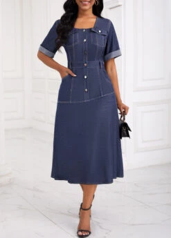 Denim Blue Pocket Button Detail Short Sleeve Dress