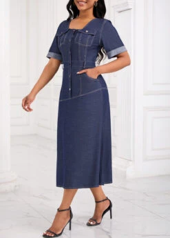 Denim Blue Pocket Button Detail Short Sleeve Dress -Modlily Shop 335133 P 16902830407082