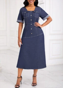 Denim Blue Pocket Button Detail Short Sleeve Dress -Modlily Shop 335133 P 16902830419464