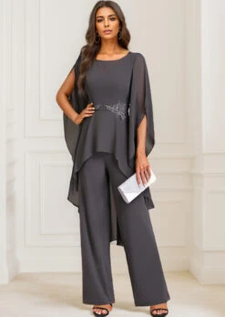 Grey Ruffle Long Round Neck Jumpsuit -Modlily Shop 335146 P 16950113860257