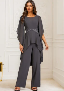Grey Ruffle Long Round Neck Jumpsuit -Modlily Shop 335146 P 16950113865296